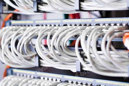 Preview: Gigabit network switch and perfect aligned patch cables in datacenter