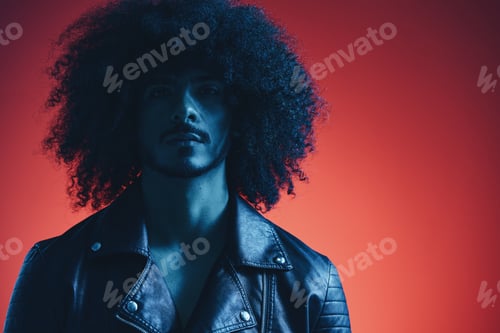 Preview: Portrait of fashion man with curly hair on red background multinational, colored light, black