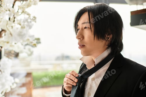 Preview: Charming groom adjusting his tie amidst elegant floral decor on a special wedding day