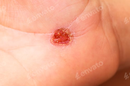 Preview: Detail of an open abrasive wound on the hand with the skin oozing serum.