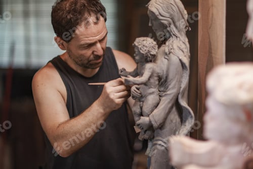 Preview: Sculptor working meticulously on clay virgina mary sculpture in workshop