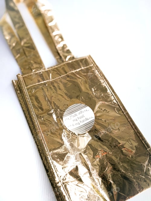 Preview: made with my heart and my hand sticker on a metallic bag