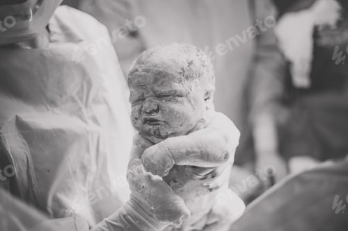 Preview: Newborn Infant Held by Surgeon in Hospital