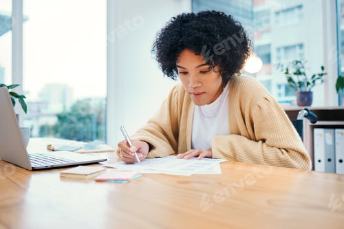 Preview: Office, writing and woman in wheelchair with reading at a desk with company report and research. Pl