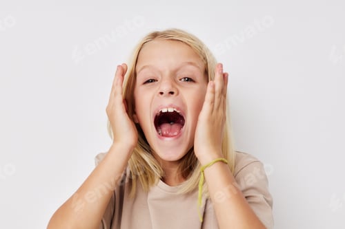 Preview: happy child hand gesture fun fashion kids lifestyle concept