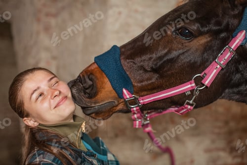 Preview: A young girl kisses a horse. A horse kisses his mistress