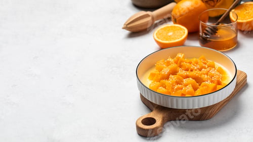 Preview: Healthy dessert with sliced pumpkin, honey and orange juice in a bowl. Pumpkin dish. Copy space