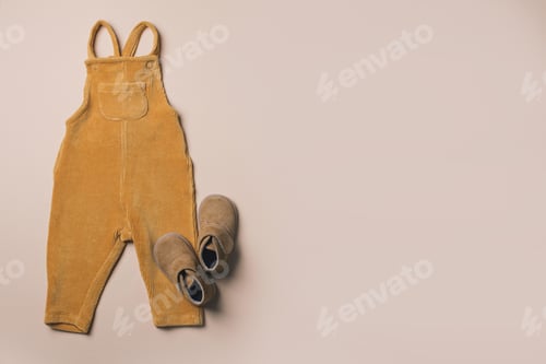 Preview: Mustard baby romper, shoes, yellow autumn leaves on beige background. Set of baby clothes