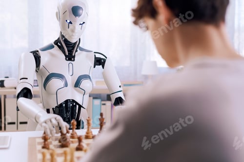 Vista previa: Batalla estratégica: niño y robot juegan al ajedrez