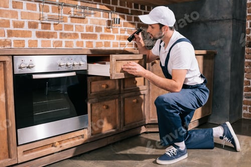 Preview: pest control worker examining cabinet in kitchen with flashlight