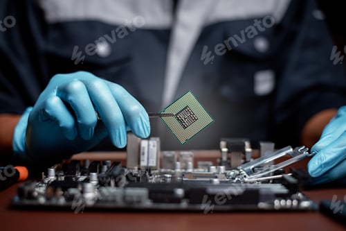 Preview: Technician under fixed and repairing computer process CPU chip for analysis and maintenance on compu
