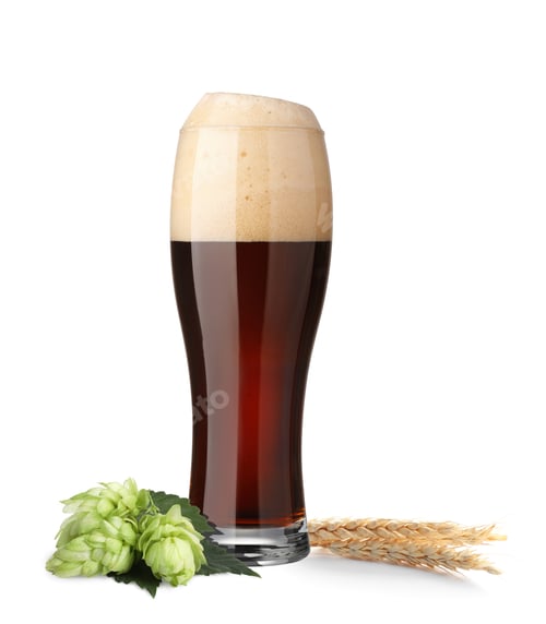 Preview: Fresh beer in glass with hop flowers and ears of wheat on white background
