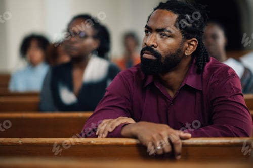 Preview: Thoughtful man sitting in church pew listening to sermon