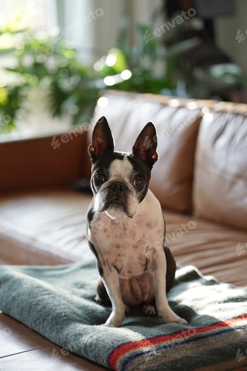 Preview: Cute Boston terrier dog with big ears sitting on a couch looking attentive and wanting treats.