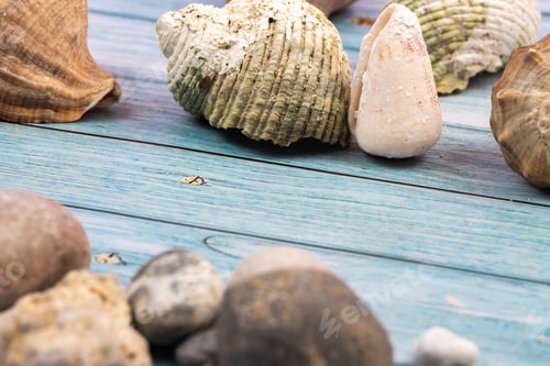 Preview: rocks and shells on a blue wooden background.Marine theme