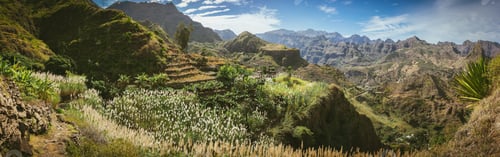 Preview: Gorgeous panorama view of huge barren mountain peaks, cliff and canyons of dry arid desert landscape