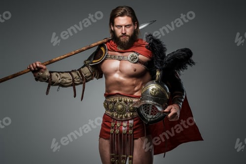 Preview: Gladiator with long hair in light armor holding a spear