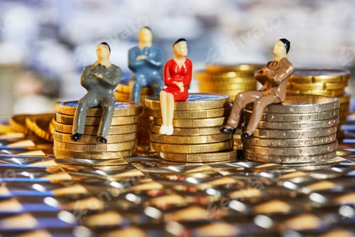 Preview: The coins are stacked on top of each other with the figures of business people sitting on them
