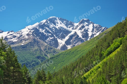 Preview: Nature landscape at day of Mount Cheget and green forest