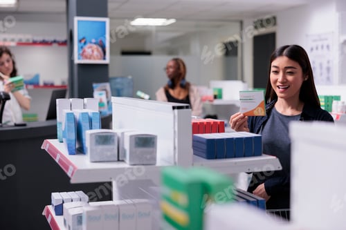 Preview: Smiling customer analyzing medications in drugstore