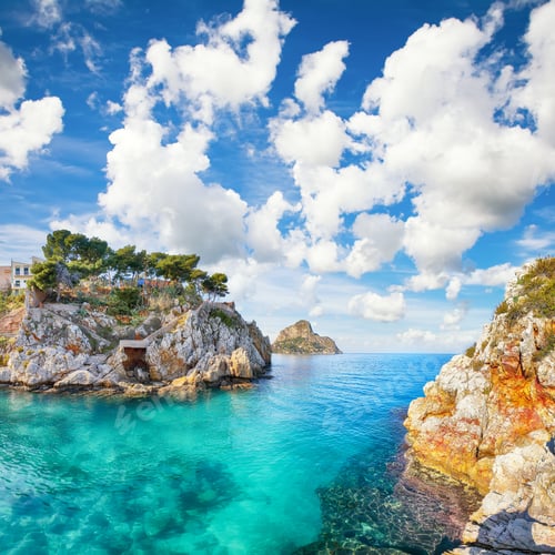 Preview: Spectacular summer view of Santa Flavia town and cape Zafferano on background.