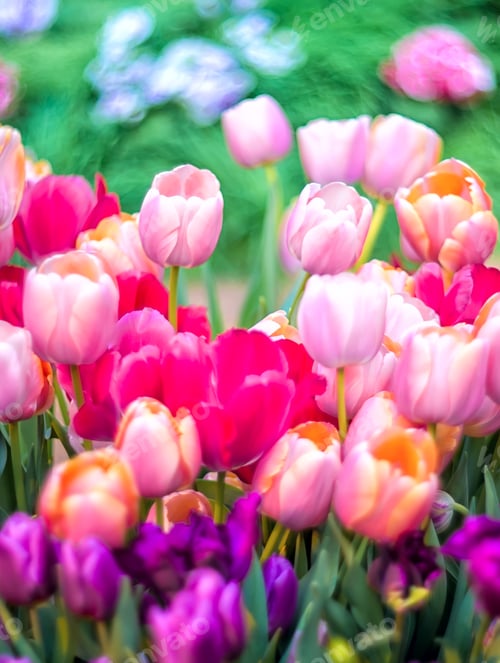 Preview: Multicolored spring flowers - tulips with selective focus. Flower background