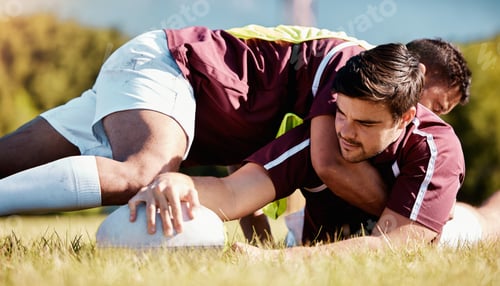 Preview: Sport,rugby and team of men in training, tackle and workout match at sports field outdoors. Athleti