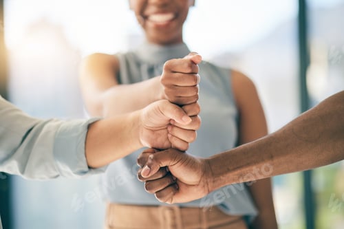 Preview: Fist bump, support or business people for motivation or teamwork for mission or collaboration. Part