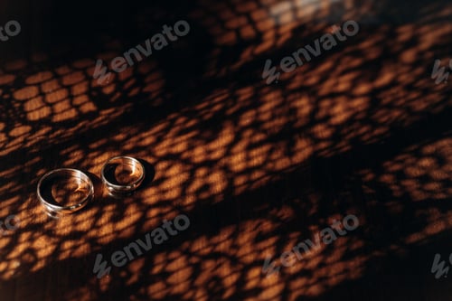 Preview: beautiful golden wedding rings on wooden table in morning sunlight
