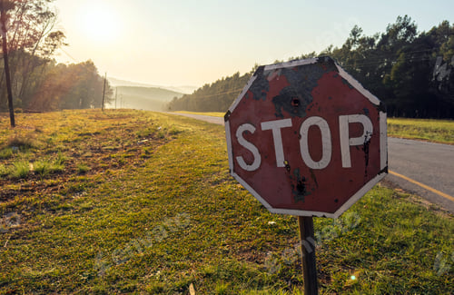 Preview: Stop road sign at the countryside, Old traffic warning sign at the roadside