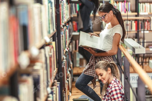 Preview: Group of female students study in the college library.