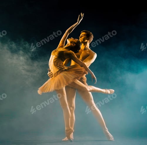 Preview: Ballet dancers on dark scene performed by golden couple. Shining gold skin.