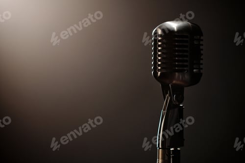 Preview: Classic Microphone Awaiting Jazz Musicians Performing under Studio Spotlight