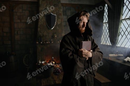 Preview: Priest holding closed bible book and rosary beads in hands closeup