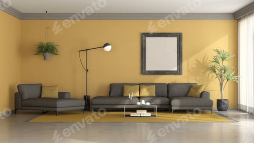 Preview: Black and yellow minimalist living room