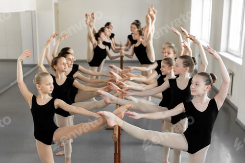 Preview: Group of ballerinas training at ballet barre. Ballet girls in leotards practicing at ballet class