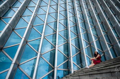 Preview: Asian woman in red dress at modern building, female girl with urban city lifestyle