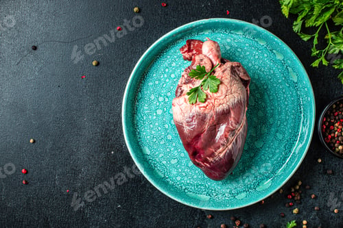 Preview: Raw Pork Or Beef Heart Piece Of Meat Second Course Snack Ready To Eat On The Table Healthy Meal
