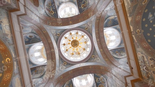 Preview: Incredible view of old interior of the ceiling decorated by religious painting. Action. View inside