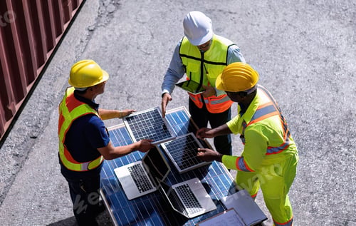 Preview: 3 engineer working in clean solar energy industry talking about the design engineer of solar panel
