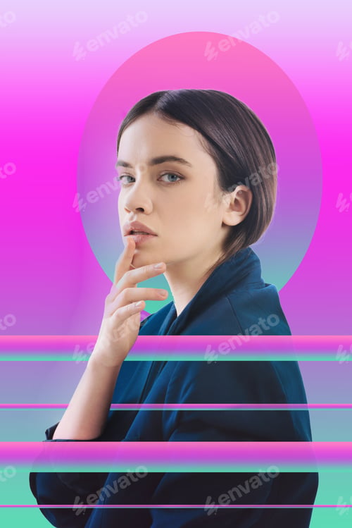 Preview: Interesting Idea. Attractive Reflective Woman Directing Gaze At Camera While Touching Lip