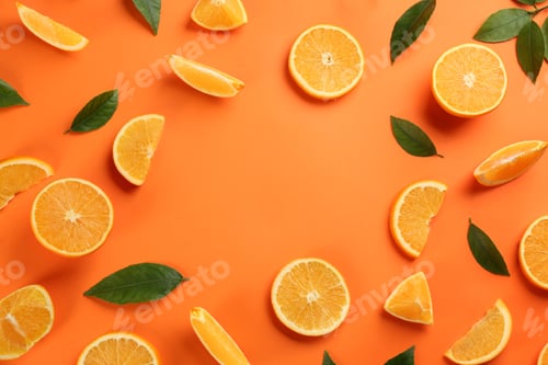 Preview: Frame of delicious orange slices on color background, flat lay. Space for text