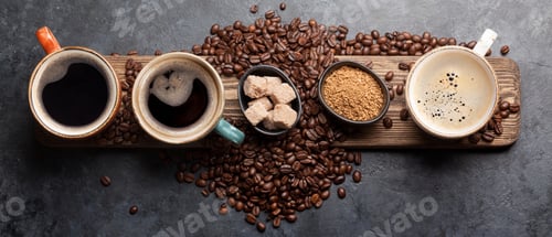 Preview: Coffee cup, sugar and roasted beans