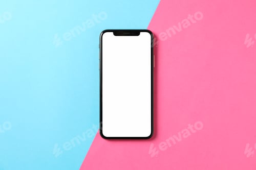 Preview: Phone with empty screen on two tone background, top view