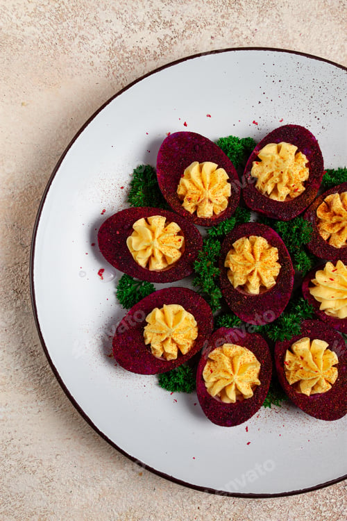 Preview: stuffed eggs, stained with beetroot juice, purple, pitaya powder, top view, top view, close-up,