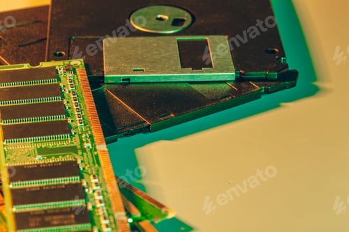 Preview: Old diskettes and random access memory of computer