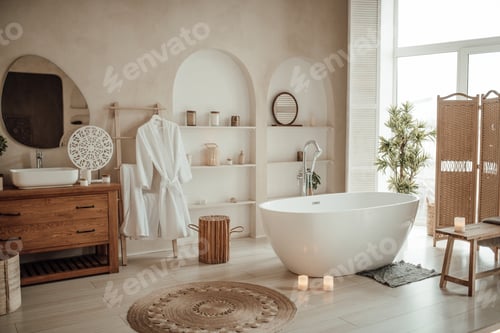 Preview: Luxury interior of big bathroom at modern african style with oval bathtub in natural lighting
