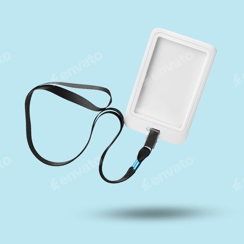 Preview: Blank badge in air on light blue background. Mockup for design