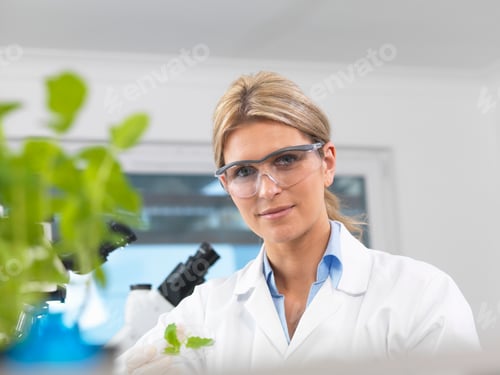 Preview: Scientist viewing development of experimental plants in research laboratory