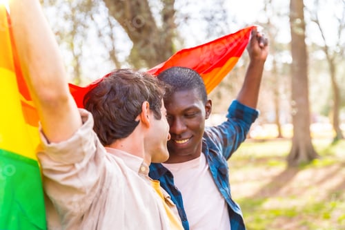 Preview: Multiethnic gay male couple holding a rainbow lgbt symbol flag, romantic pose